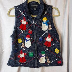 Hampshire‎ Studio VTG Navy Blue Christmas Santa Snowman Zip Up Sweater Vest P/L